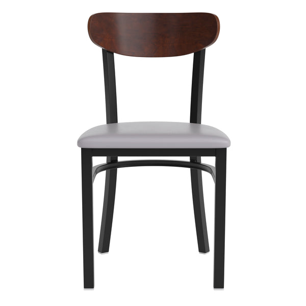 Walnut Wood Back/Gray Vinyl Seat |#| Commercial Metal Dining Chair - Vinyl Seat - Wood Boomerang Back-Gray/Walnut