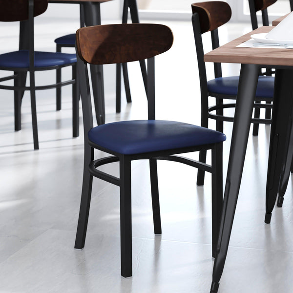 Walnut Wood Back/Blue Vinyl Seat |#| Commercial Metal Dining Chair - Vinyl Seat and Wood Boomerang Back-Blue/Walnut