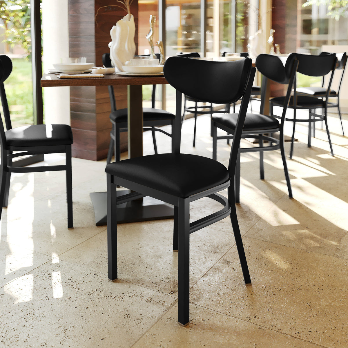 Black Vinyl Back/Black Vinyl Seat |#| Commercial Metal Dining Chair with Vinyl Seat - Boomerang Back - Black