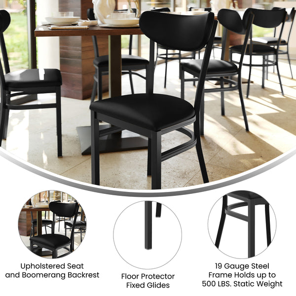 Black Vinyl Back/Black Vinyl Seat |#| Commercial Metal Dining Chair with Vinyl Seat - Boomerang Back - Black