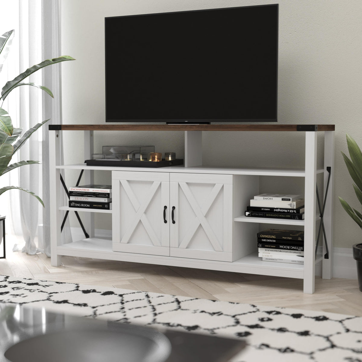 White |#| TV Stand for up to 60inch TV's with Adjustable Shelf and Storage - White/Rustic