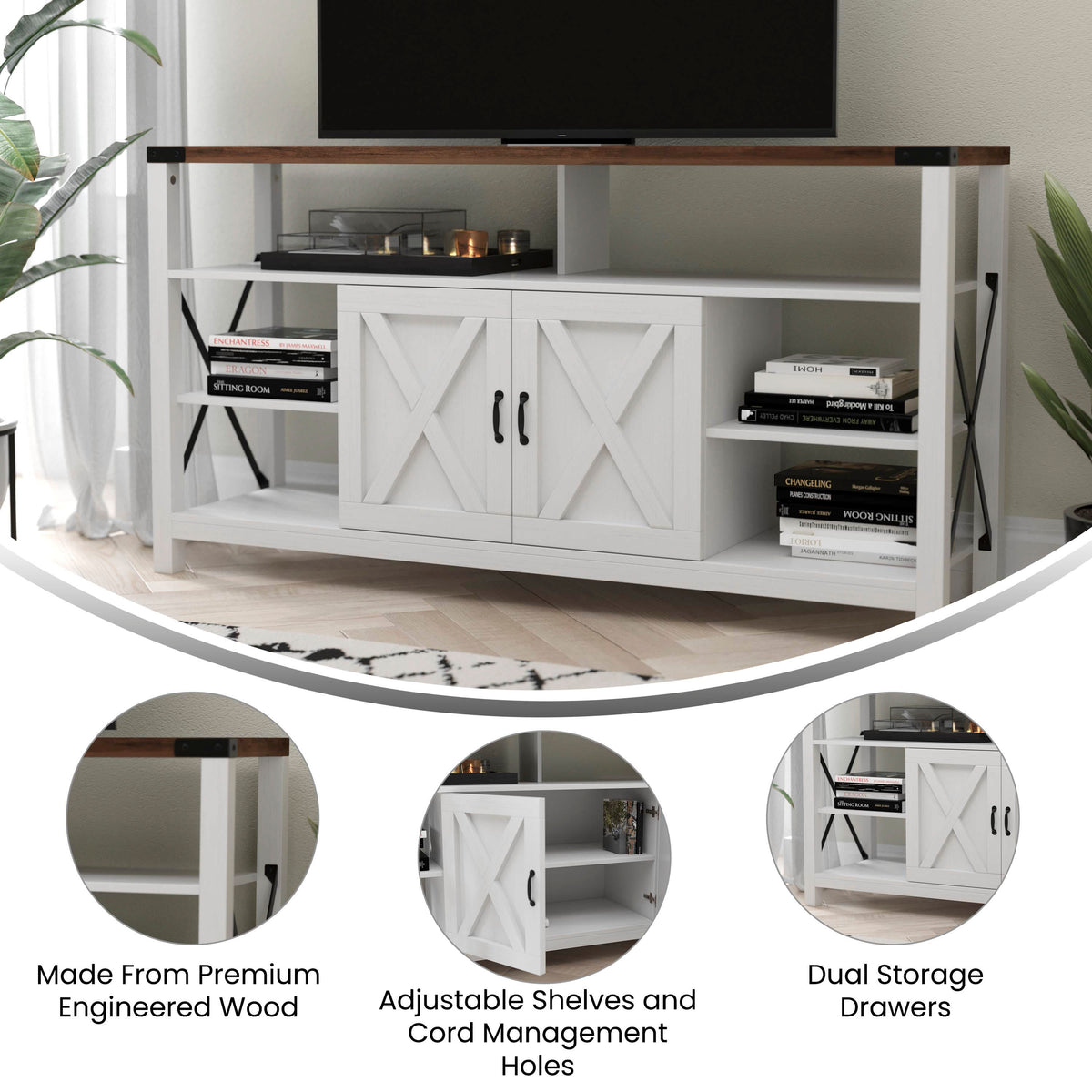 White |#| TV Stand for up to 60inch TV's with Adjustable Shelf and Storage - White/Rustic