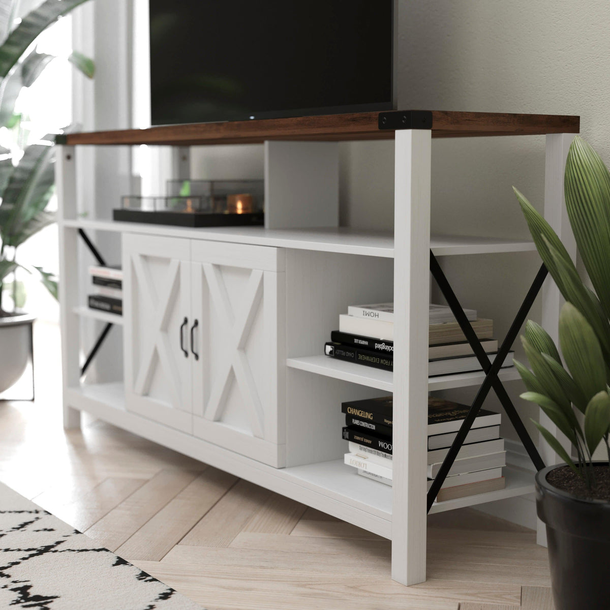 White |#| TV Stand for up to 60inch TV's with Adjustable Shelf and Storage - White/Rustic