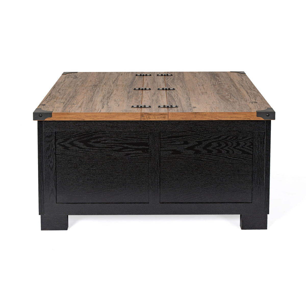 Black |#| Farmhouse Coffee Table with Hinged Lift Top and Storage in Black/Rustic Oak