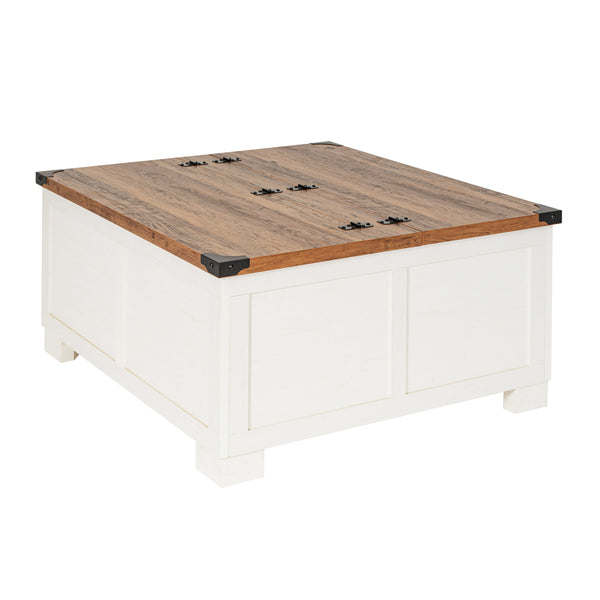 White |#| Farmhouse Coffee Table with Hinged Lift Top and Storage in White/Rustic Oak