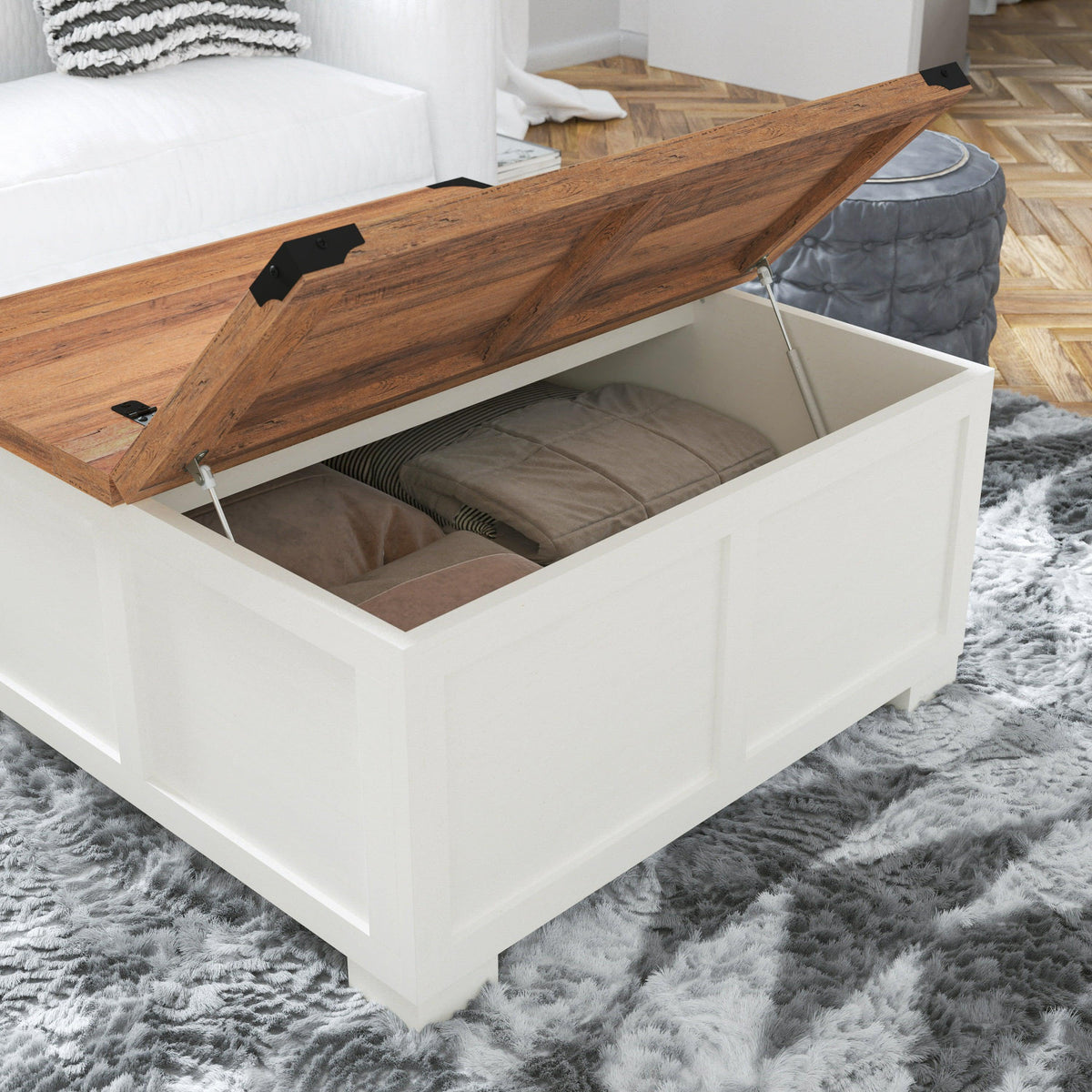 White |#| Farmhouse Coffee Table with Hinged Lift Top and Storage in White/Rustic Oak