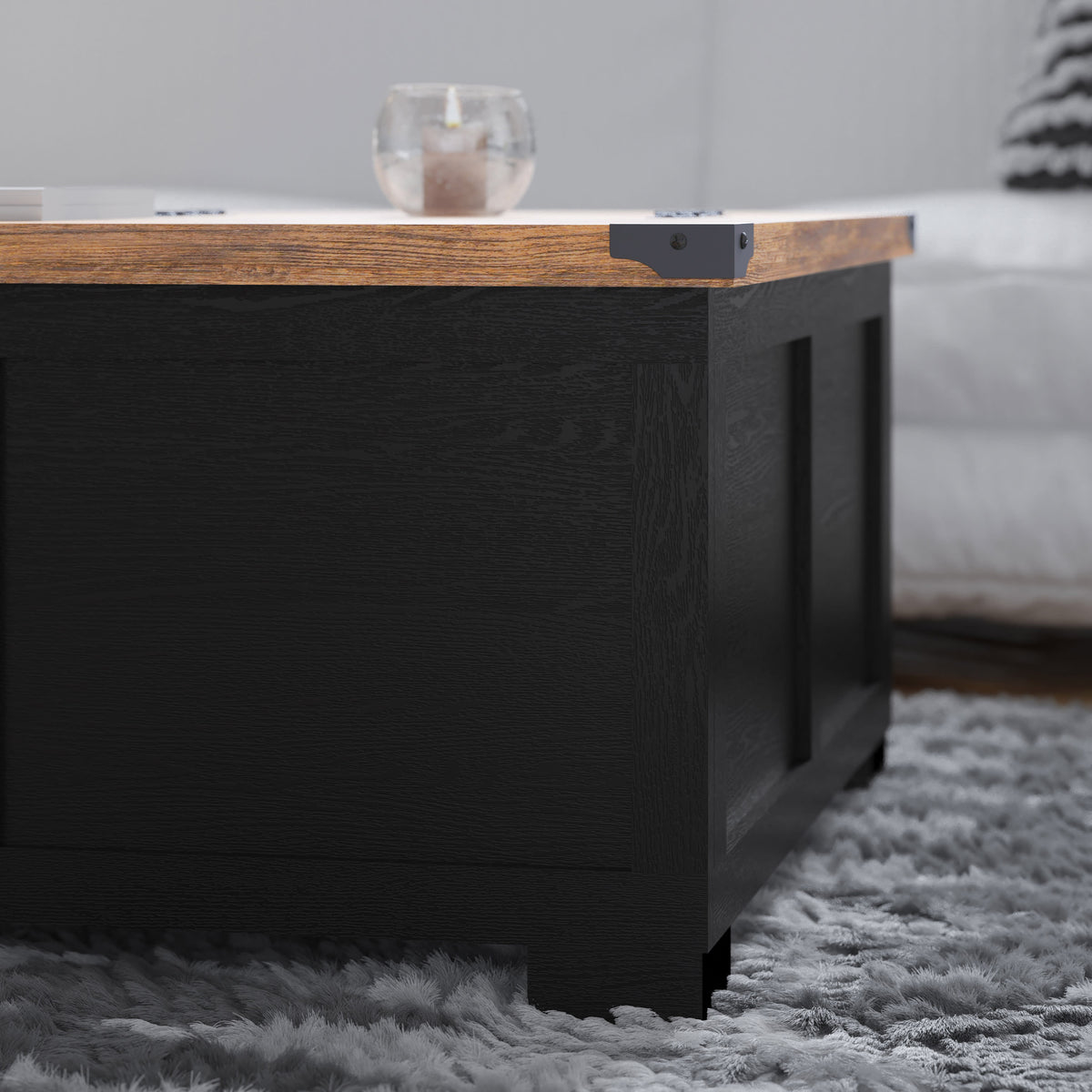 Black |#| Farmhouse Coffee Table with Hinged Lift Top and Storage in Black/Rustic Oak