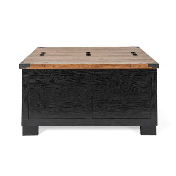 Black |#| Farmhouse Coffee Table with Hinged Lift Top and Storage in Black/Rustic Oak