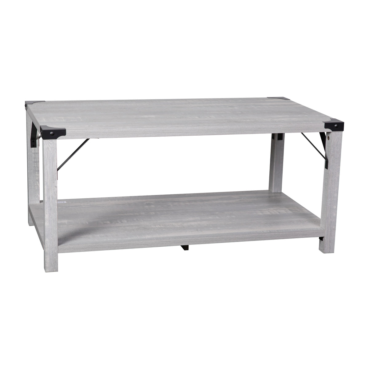 Aspen Gray |#| 2-Tier Coffee Table with Black Metal Side Braces and Corner Caps - Aspen Gray