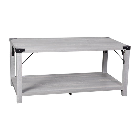 Wyatt Modern Farmhouse Wooden 2 Tier Coffee Table with Metal Corner Accents and Cross Bracing