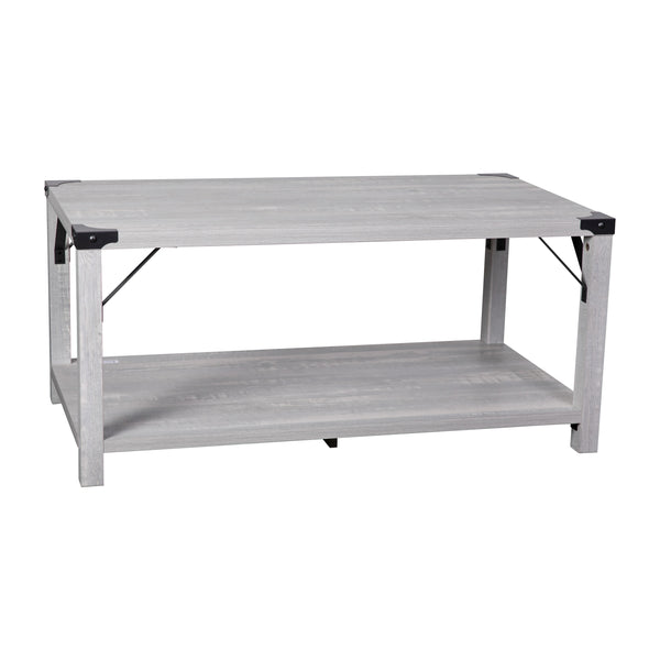 Aspen Gray |#| 2-Tier Coffee Table with Black Metal Side Braces and Corner Caps - Aspen Gray
