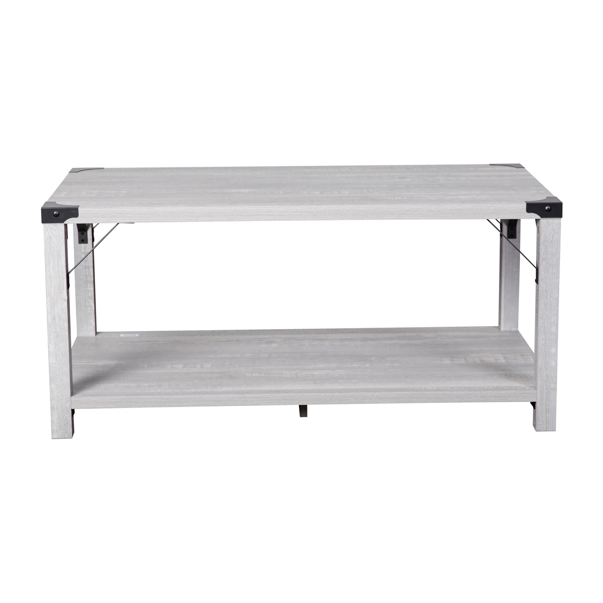 Aspen Gray |#| 2-Tier Coffee Table with Black Metal Side Braces and Corner Caps - Aspen Gray