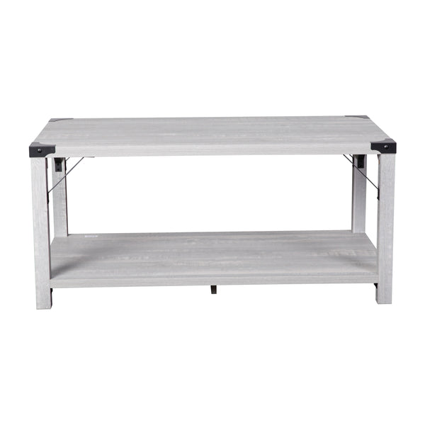 Aspen Gray |#| 2-Tier Coffee Table with Black Metal Side Braces and Corner Caps - Aspen Gray