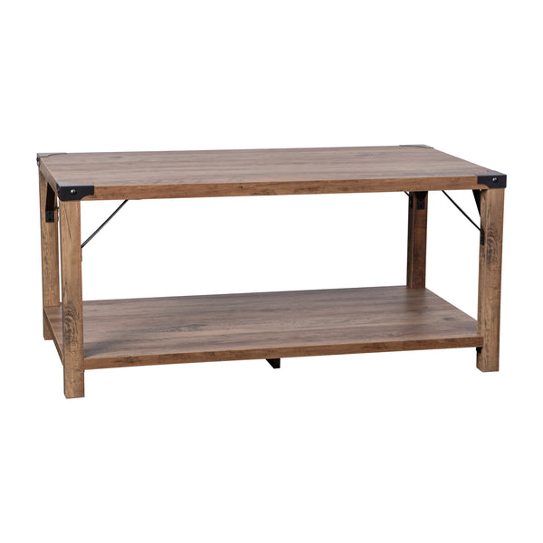 Rustic Oak |#| 2-Tier Coffee Table with Black Metal Side Braces and Corner Caps - Rustic Oak