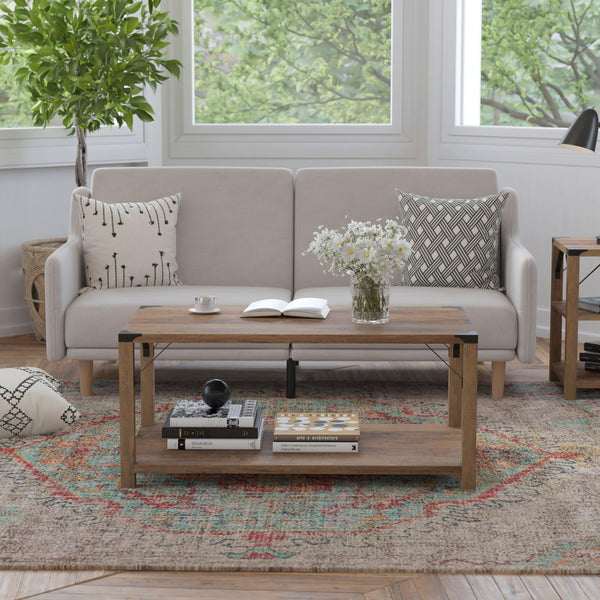 Rustic Oak |#| 2-Tier Coffee Table with Black Metal Side Braces and Corner Caps - Rustic Oak