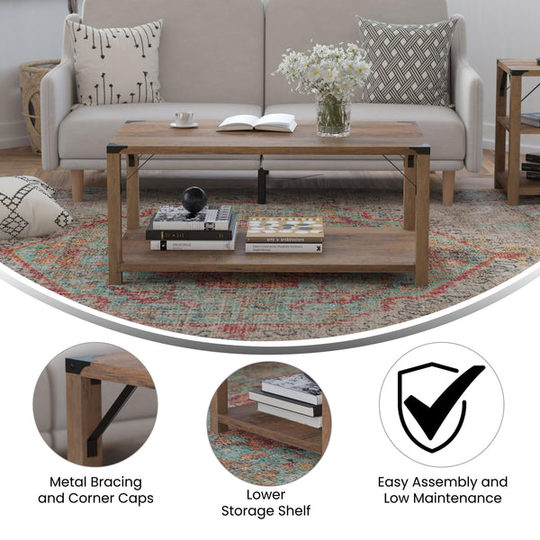 Rustic Oak |#| 2-Tier Coffee Table with Black Metal Side Braces and Corner Caps - Rustic Oak