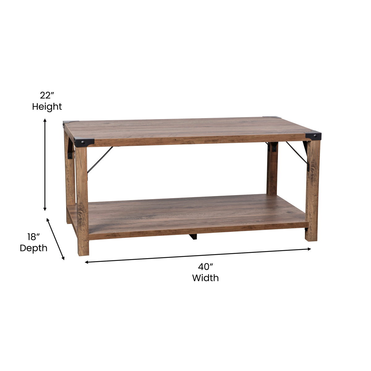 Rustic Oak |#| 2-Tier Coffee Table with Black Metal Side Braces and Corner Caps - Rustic Oak