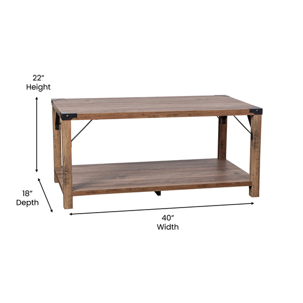 Rustic Oak |#| 2-Tier Coffee Table with Black Metal Side Braces and Corner Caps - Rustic Oak