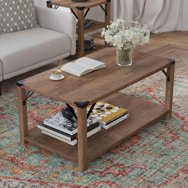 Rustic Oak |#| 2-Tier Coffee Table with Black Metal Side Braces and Corner Caps - Rustic Oak