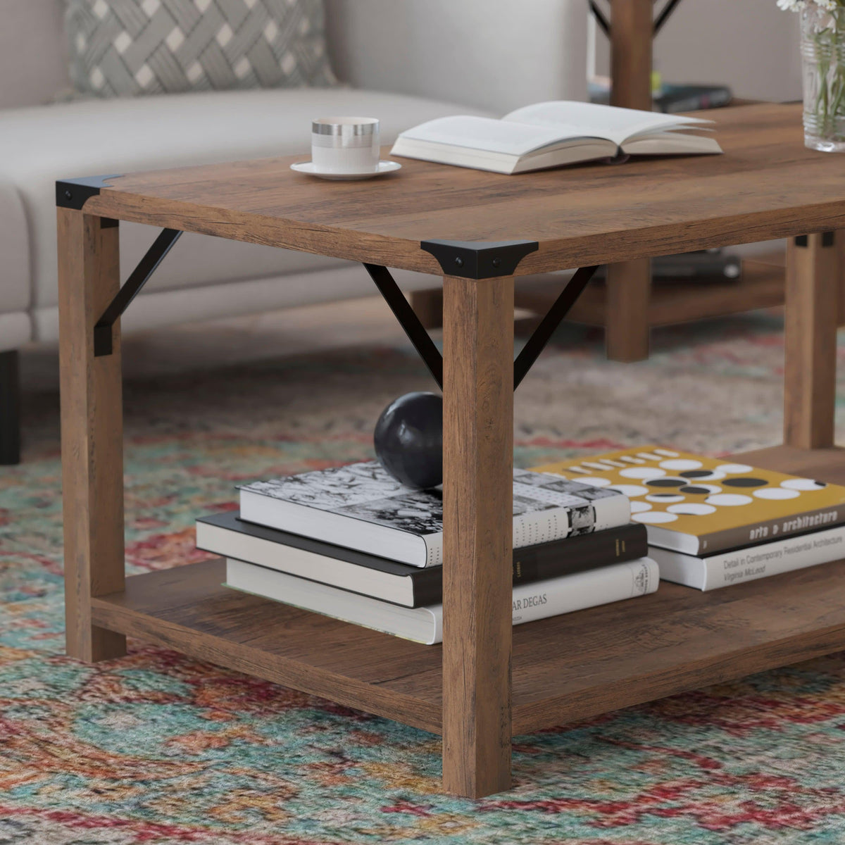 Rustic Oak |#| 2-Tier Coffee Table with Black Metal Side Braces and Corner Caps - Rustic Oak