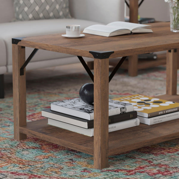 Rustic Oak |#| 2-Tier Coffee Table with Black Metal Side Braces and Corner Caps - Rustic Oak