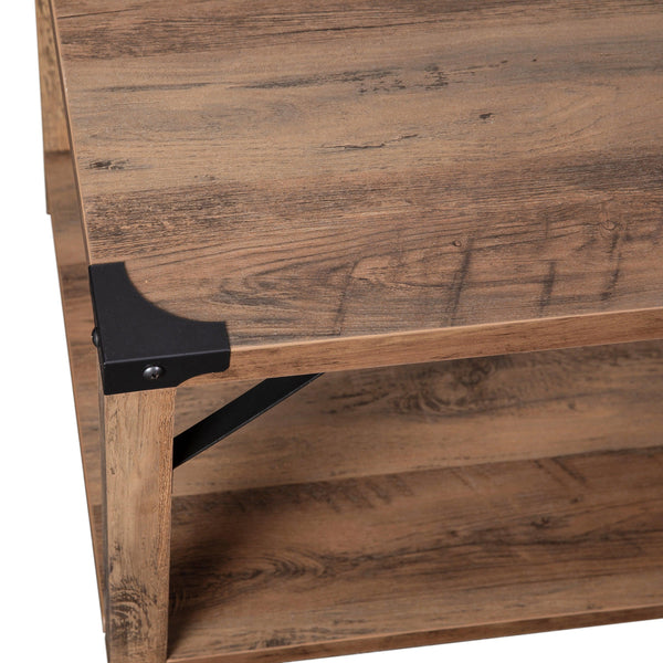 Rustic Oak |#| 2-Tier Coffee Table with Black Metal Side Braces and Corner Caps - Rustic Oak