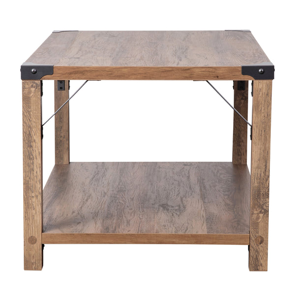 Rustic Oak |#| 2-Tier Coffee Table with Black Metal Side Braces and Corner Caps - Rustic Oak
