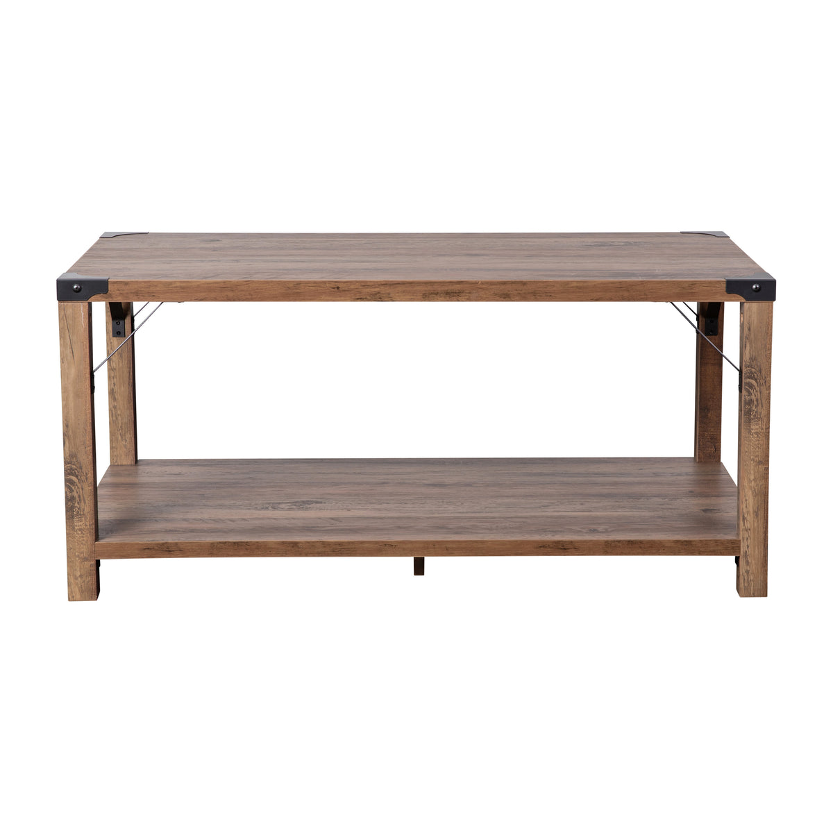 Rustic Oak |#| 2-Tier Coffee Table with Black Metal Side Braces and Corner Caps - Rustic Oak