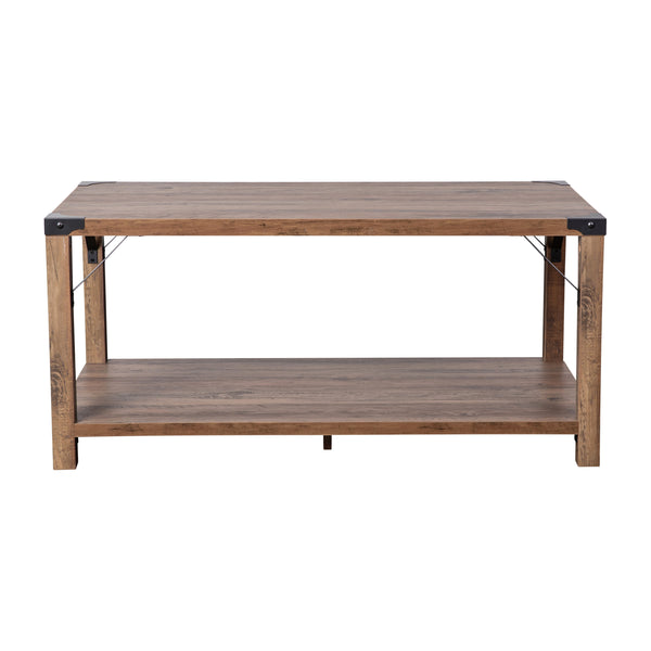 Rustic Oak |#| 2-Tier Coffee Table with Black Metal Side Braces and Corner Caps - Rustic Oak