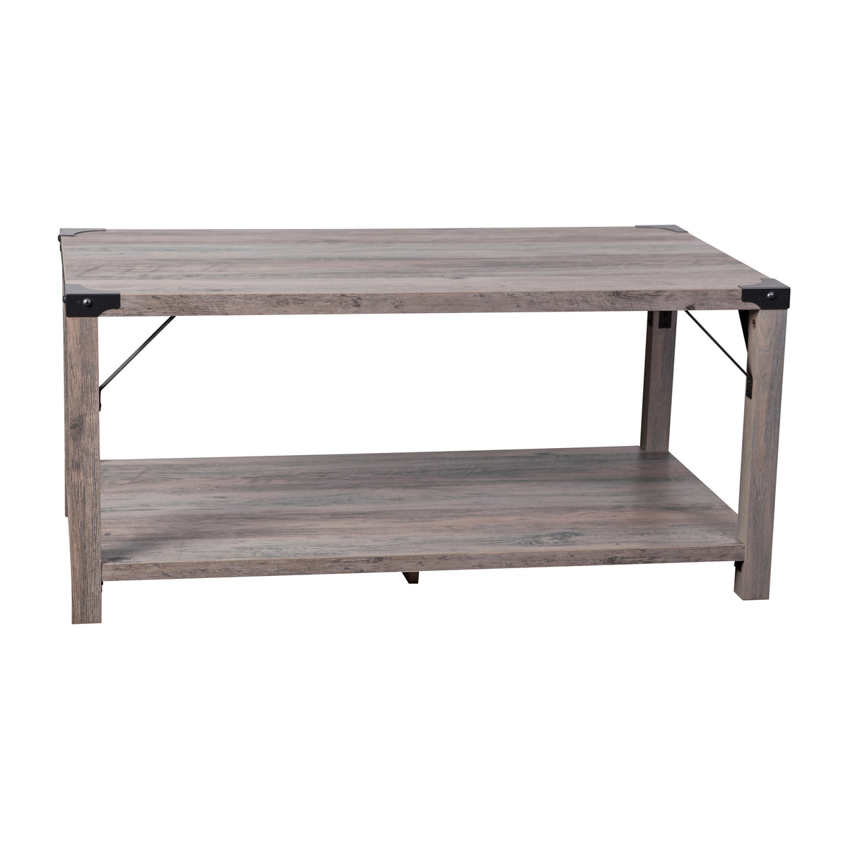 Gray Wash |#| 2-Tier Coffee Table with Black Metal Side Braces and Corner Caps - Gray Wash