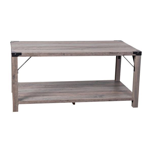Gray Wash |#| 2-Tier Coffee Table with Black Metal Side Braces and Corner Caps - Gray Wash