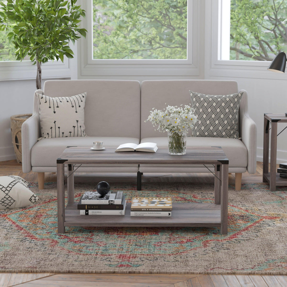 Gray Wash |#| 2-Tier Coffee Table with Black Metal Side Braces and Corner Caps - Gray Wash