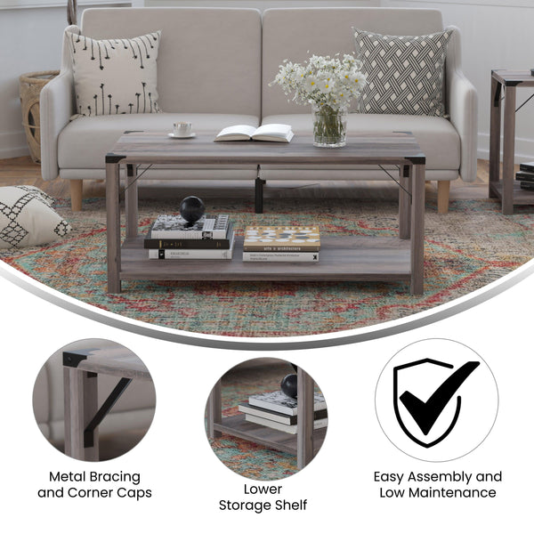 Gray Wash |#| 2-Tier Coffee Table with Black Metal Side Braces and Corner Caps - Gray Wash