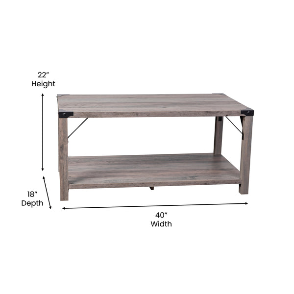 Gray Wash |#| 2-Tier Coffee Table with Black Metal Side Braces and Corner Caps - Gray Wash