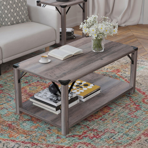 Gray Wash |#| 2-Tier Coffee Table with Black Metal Side Braces and Corner Caps - Gray Wash
