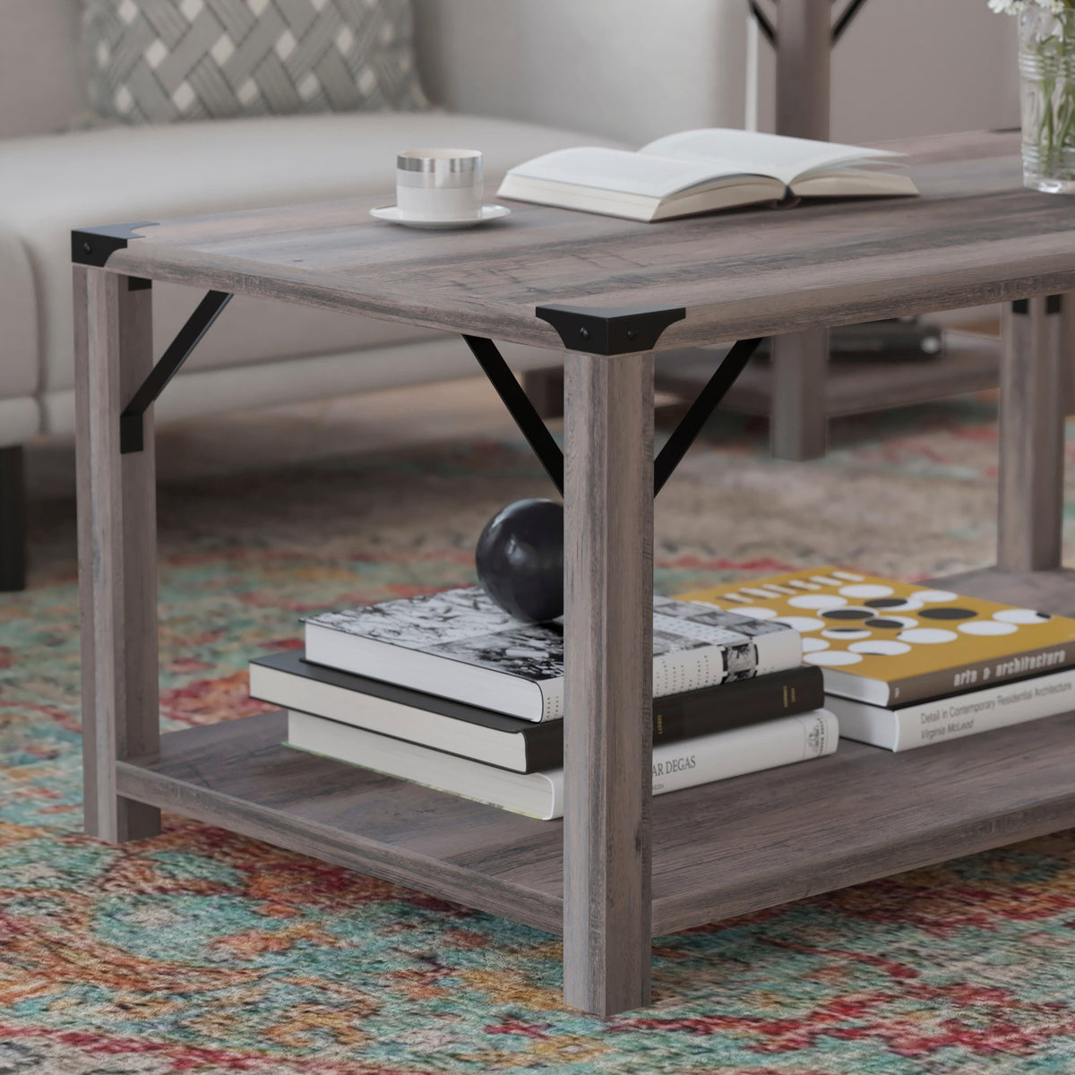 Gray Wash |#| 2-Tier Coffee Table with Black Metal Side Braces and Corner Caps - Gray Wash