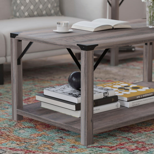 Gray Wash |#| 2-Tier Coffee Table with Black Metal Side Braces and Corner Caps - Gray Wash