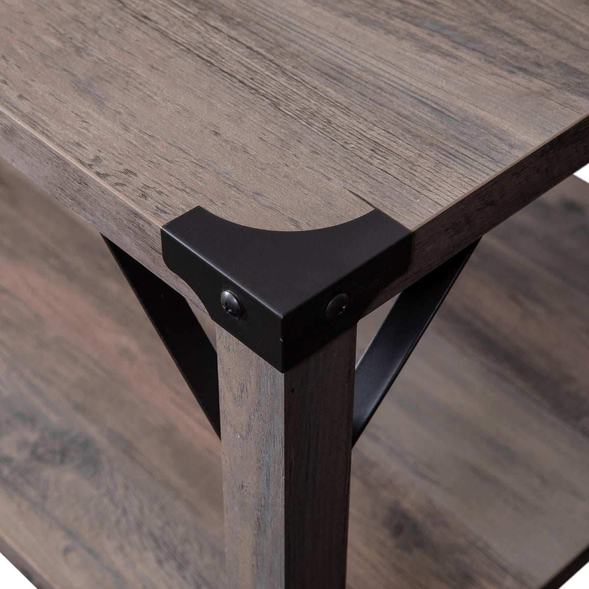 Gray Wash |#| 2-Tier Coffee Table with Black Metal Side Braces and Corner Caps - Gray Wash