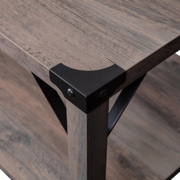 Gray Wash |#| 2-Tier Coffee Table with Black Metal Side Braces and Corner Caps - Gray Wash