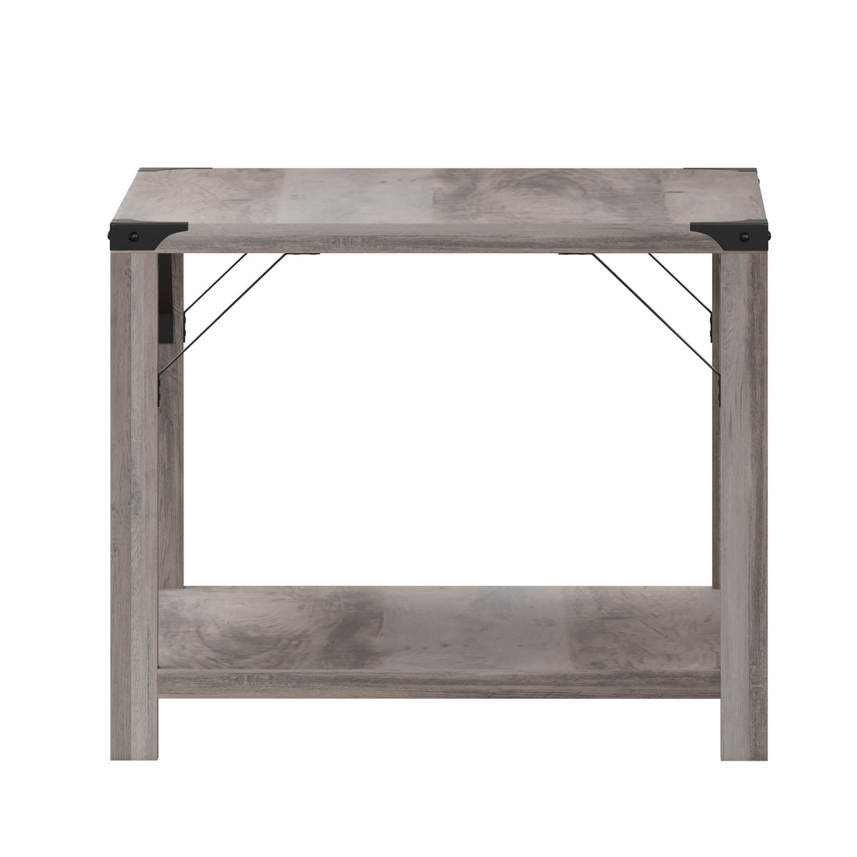 Gray Wash |#| 2-Tier Coffee Table with Black Metal Side Braces and Corner Caps - Gray Wash