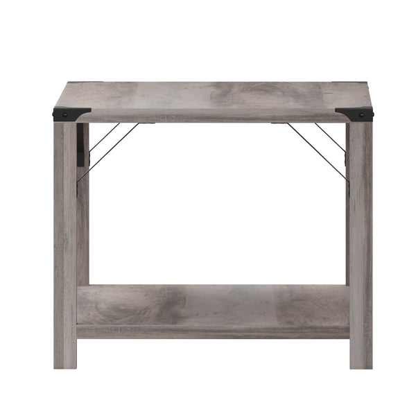 Gray Wash |#| 2-Tier Coffee Table with Black Metal Side Braces and Corner Caps - Gray Wash