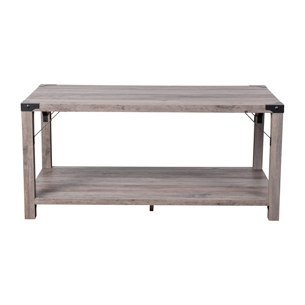 Gray Wash |#| 2-Tier Coffee Table with Black Metal Side Braces and Corner Caps - Gray Wash