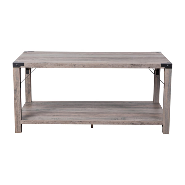 Gray Wash |#| 2-Tier Coffee Table with Black Metal Side Braces and Corner Caps - Gray Wash