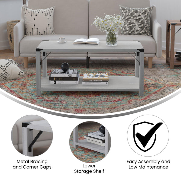 Aspen Gray |#| 2-Tier Coffee Table with Black Metal Side Braces and Corner Caps - Aspen Gray