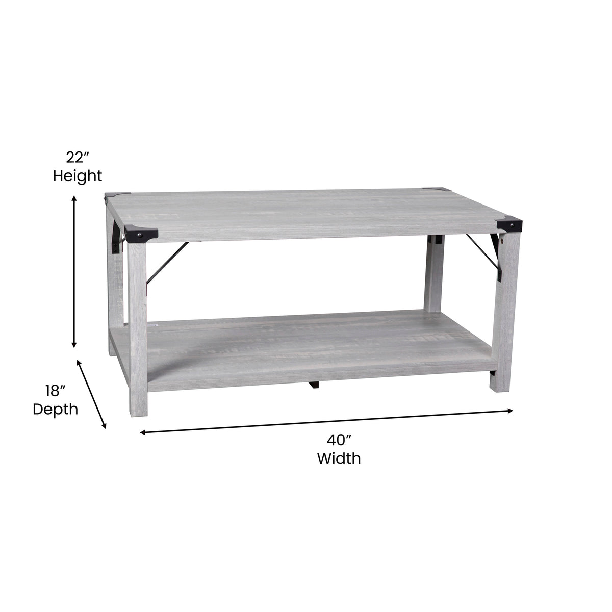 Aspen Gray |#| 2-Tier Coffee Table with Black Metal Side Braces and Corner Caps - Aspen Gray