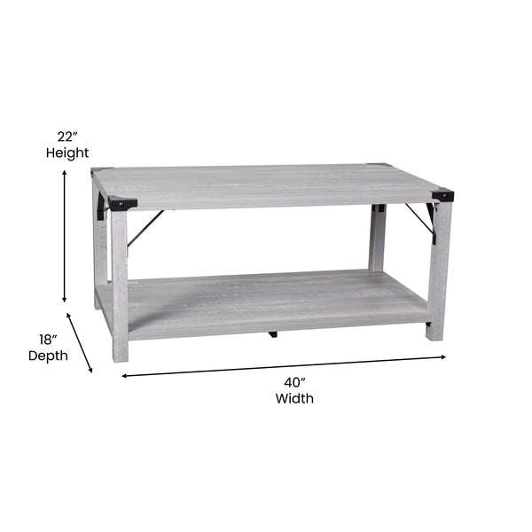 Aspen Gray |#| 2-Tier Coffee Table with Black Metal Side Braces and Corner Caps - Aspen Gray