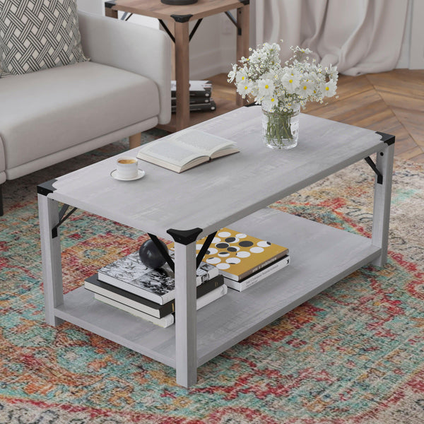 Aspen Gray |#| 2-Tier Coffee Table with Black Metal Side Braces and Corner Caps - Aspen Gray