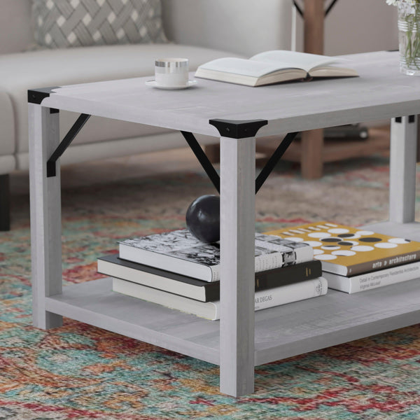 Aspen Gray |#| 2-Tier Coffee Table with Black Metal Side Braces and Corner Caps - Aspen Gray