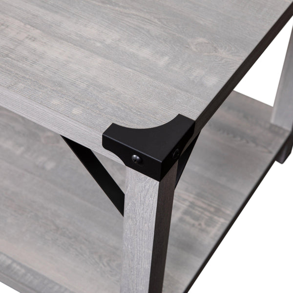 Aspen Gray |#| 2-Tier Coffee Table with Black Metal Side Braces and Corner Caps - Aspen Gray
