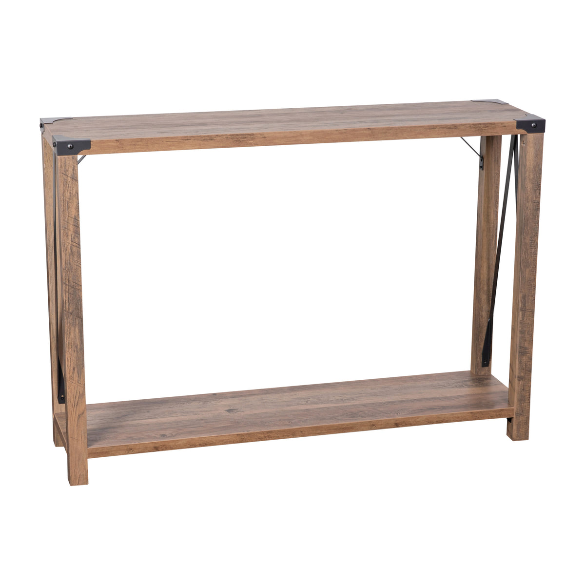 Rustic Oak |#| 2-Tier Console Table with Black Metal Side Braces and Corner Caps - Rustic Oak